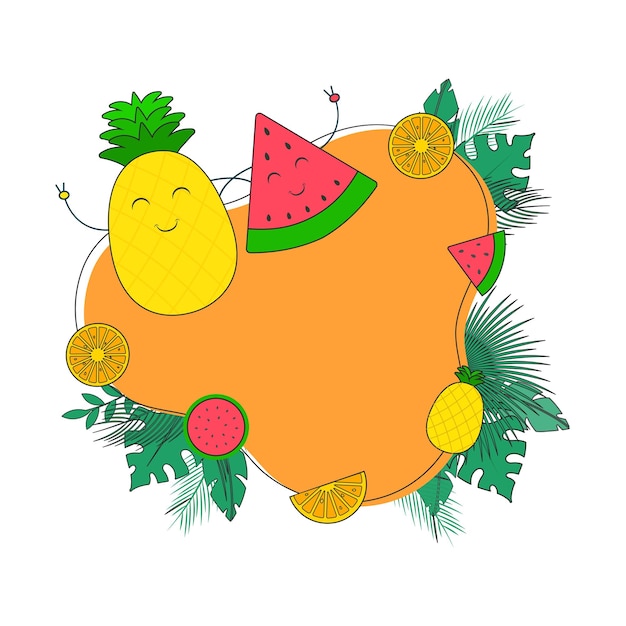 Summer time concept with happy pineapple watermelon and green leaves with space for your message