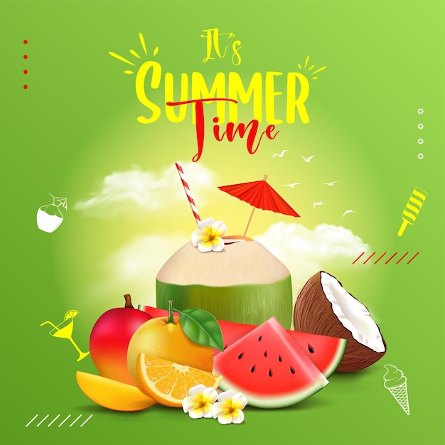 Summer time creative square banner design with orange mango watermelon coconut water