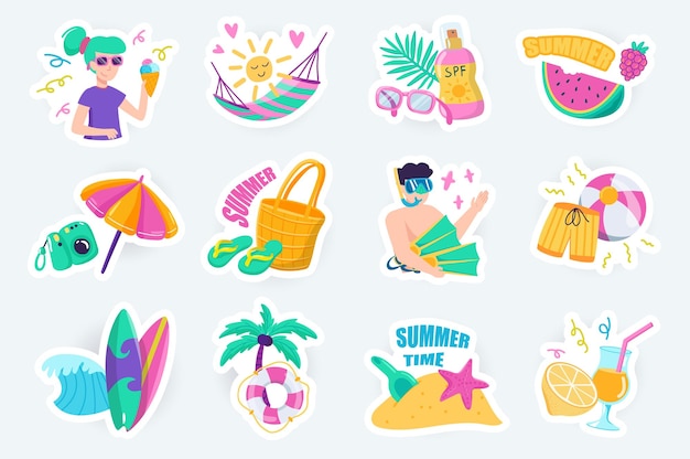 Vector summer time cute stickers set in flat cartoon design bundle of woman with ice cream hammock