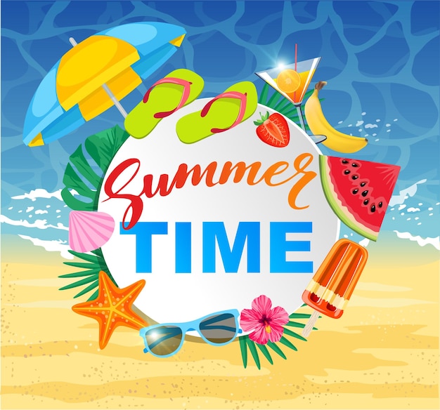 Summer time design with white circle for text and colorful beach elements