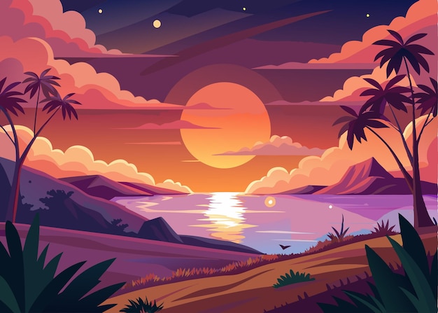 Vector summer time evening on the beach with a beautiful landscape of sunrise and sunset illustration