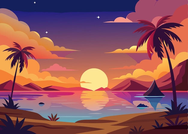 Vector summer time evening on the beach with a beautiful landscape of sunrise and sunset illustration