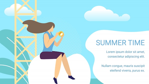 Summer Time Horizontal Banner, Woman Sitting in front of Telecommunication