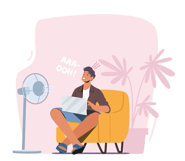 Summer Time Hot Period Concept Sweltering in Heat Male Character Sitting on Sofa Trying to Work under Fan or Ventilator