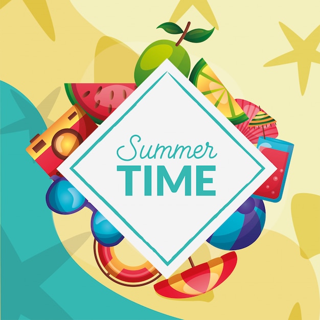 Summer time icon set around frame vector design