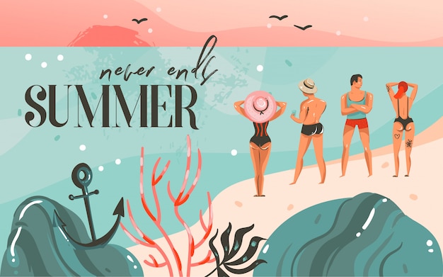 summer time  illustration, ocean beach landscape, pink sunset, boys and girls on beach scene and summer never ends typography