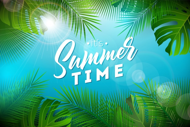 Summer Time Illustration with Exotic Palm Leaves