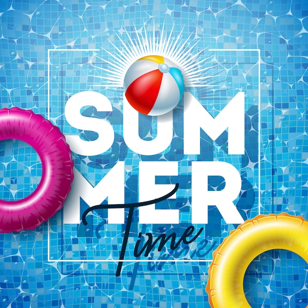 Summer Time Illustration with Float and Beach Ball on Pool Water