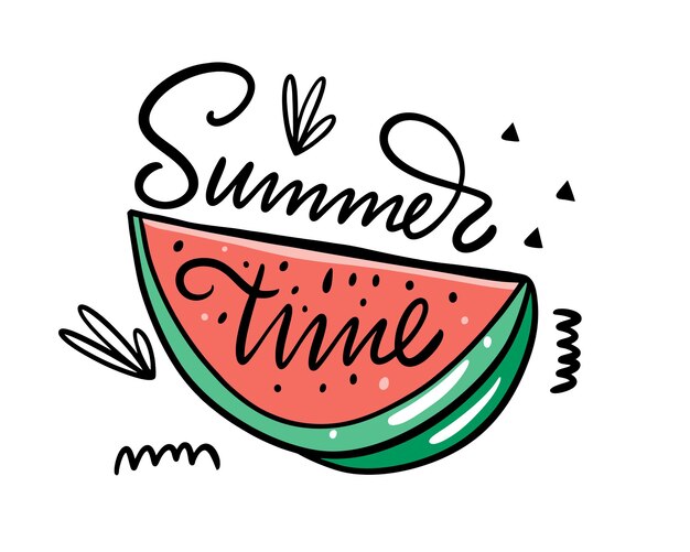 Summer Time modern typography phrase and watermelon colorful vector illustration. Isolated