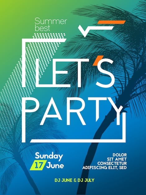 Summer time party poster design template with palms trees silhouettes. Modern style. Vector illustration