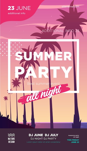 summer time party poster design template with palms trees silhouettes modern style vector