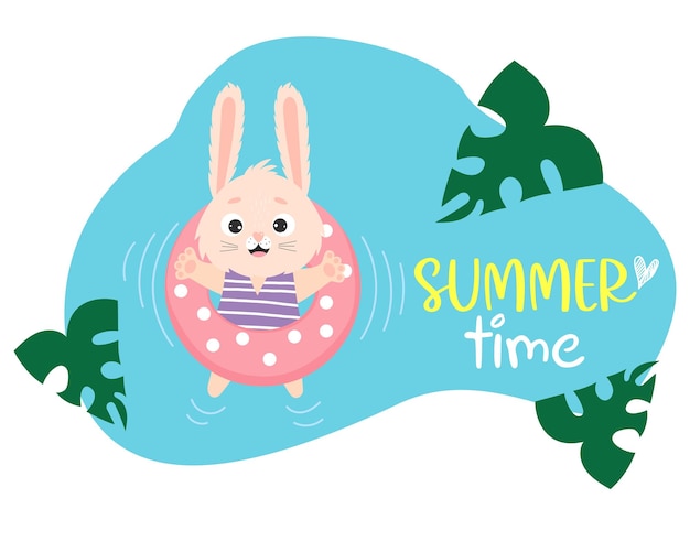 Summer Time postcard Cute bunny floats on waterproof rubber ring Vector Summer character hare