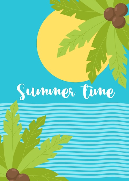 Summer time poster with sea sun and palm tree Summer Vertical map of tropical beach