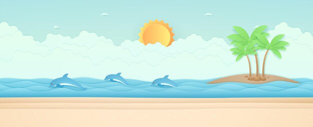 Summer Time seascape landscape dolphins swimming in the sea beach and coconut trees on island