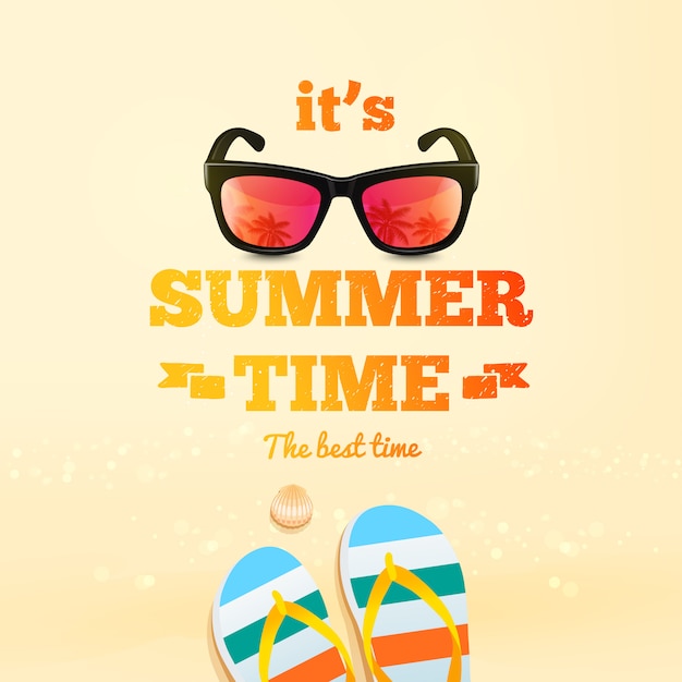 summer time typographic inscription with sunglasses, pair of flip-flops, shell.