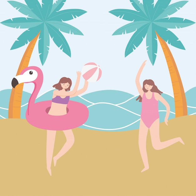 summer time vacation tourism girls with beach ball and flamingo float  illustration