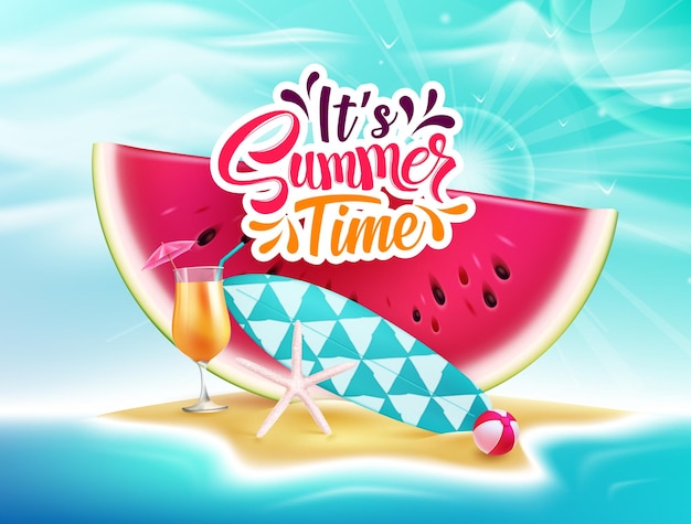 Summer time vector background. It's summer time text in island background with watermelon and beach.