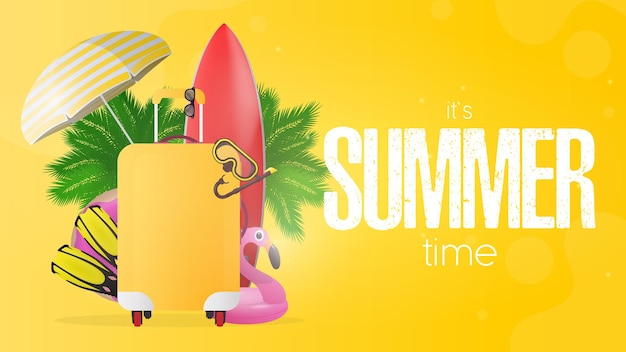 Summer time yellow banner. Red surfboard, yellow suitcase for tourism, flippers, swimming mask, goggles, palm trees, umbrella, rubber rings for swimming. 