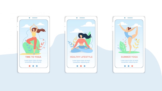 Summer Time Yoga, Healthy Lifestyle Mobile App Page Onboard Screen Set for Website