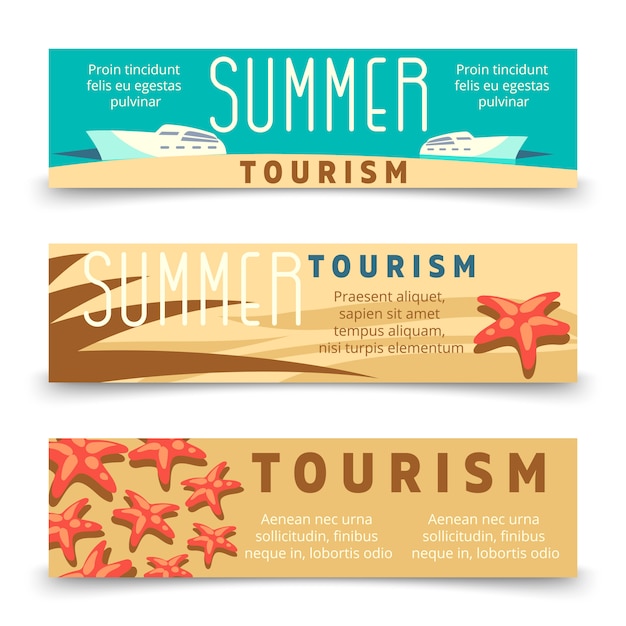 Summer tourism banner template with yacht and starfish