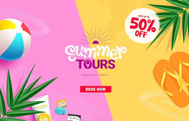 Summer tours online vector template design Summer travel tours booking website with promo discount