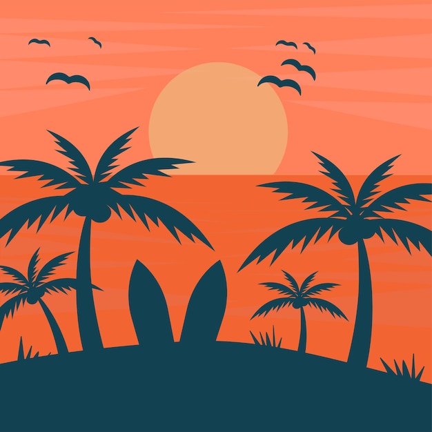 Summer travel background Sunset sunset with palm trees in shade and surfboards Vector illustration