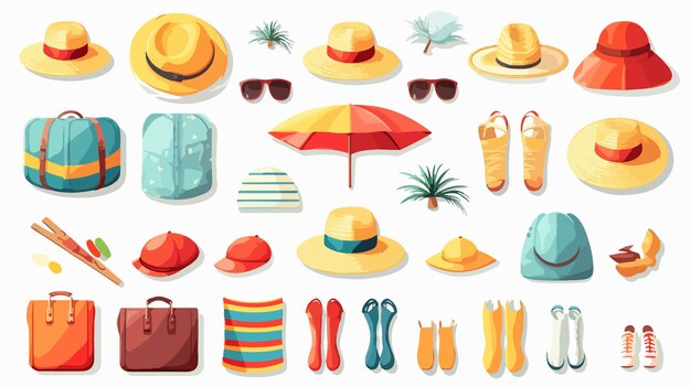 Vector summer travel essentials set beach clothes accessories