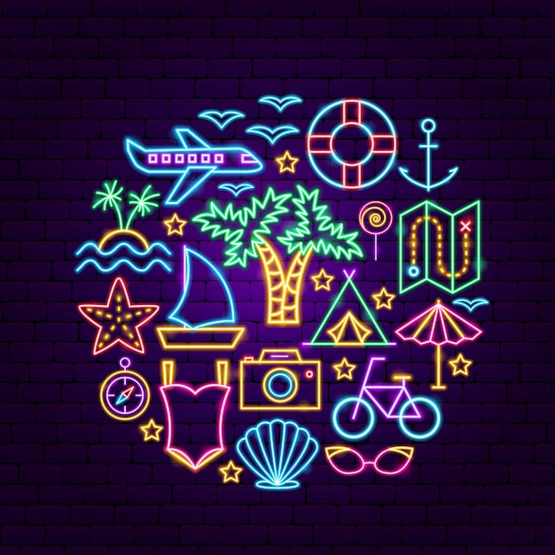 Summer Travel Neon Concept. Vector Illustration of Vacation Promotion.