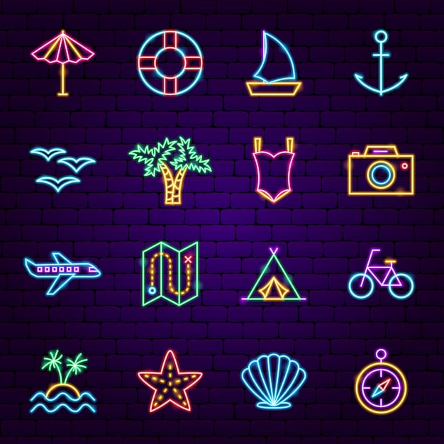 Summer Travel Neon Icons. Vector Illustration of Vacation Promotion.