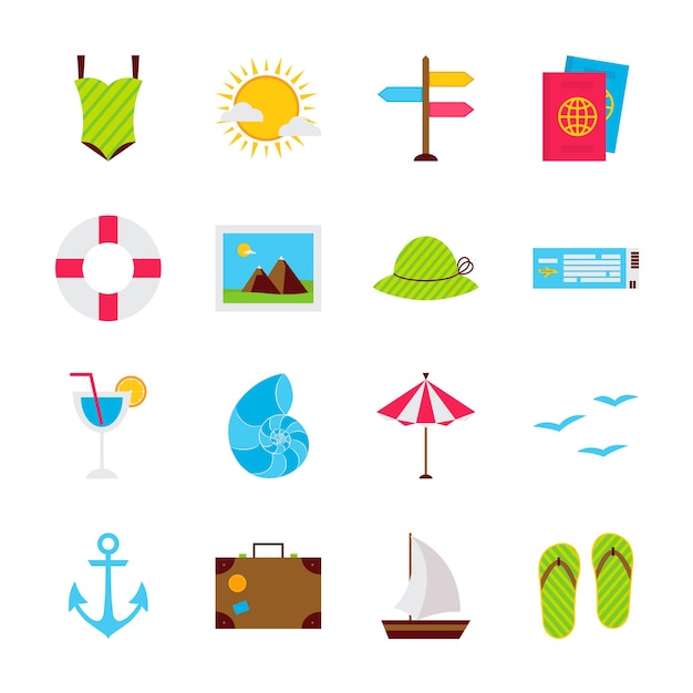 Summer Travel Objects. Vector Illustration. Sea Holiday Collection of Items Isolated over White.