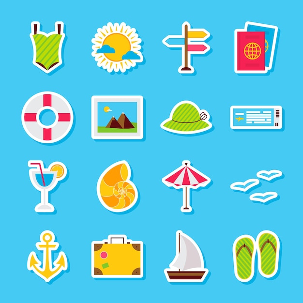 Summer Travel Stickers. Vector Illustration Flat Style. Collection of Seasonal Holiday Symbols.