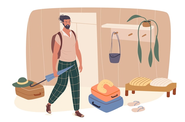 Summer travel web concept. Man with suitcases stand in hallway and going on vacation. Traveler going to resort on vacation