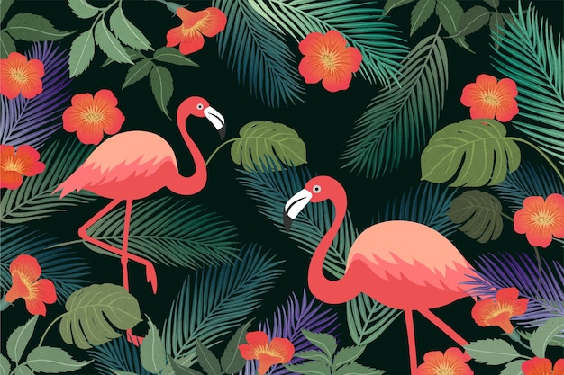 Summer tropical background with flamingo and exotic leaves.