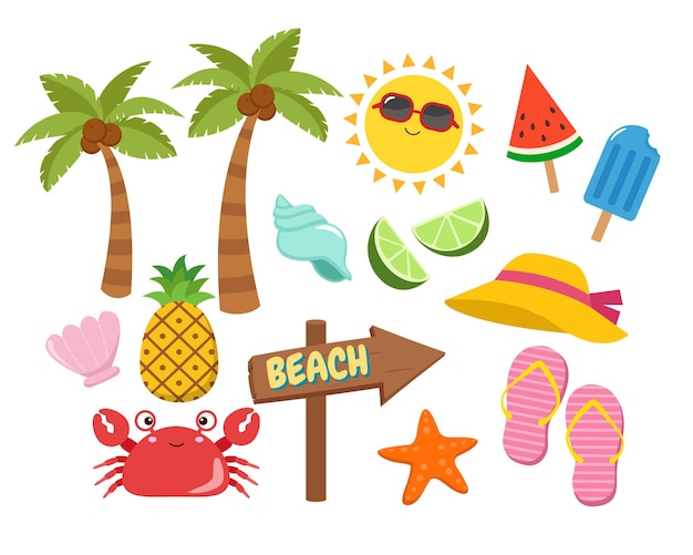 Summer tropical beach elements collection. Flat vector cartoon design