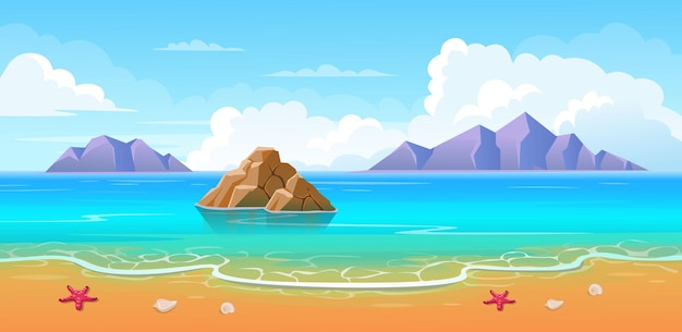 Vector summer tropical beach with mountains and islands seaside landscape nature vacation ocean or sea