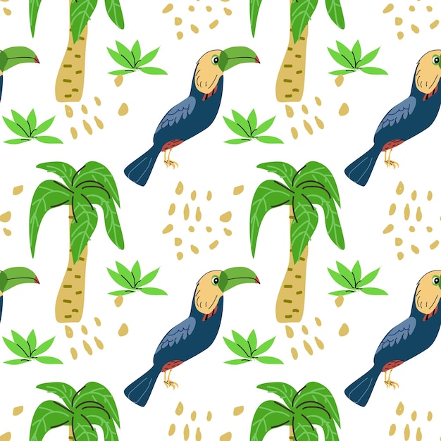 Summer tropical bird toucan and palm seamless pattern