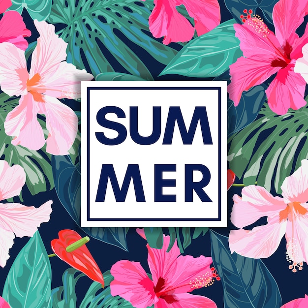 Summer tropical colorful background with exotic leaves and hibiscus flowers.