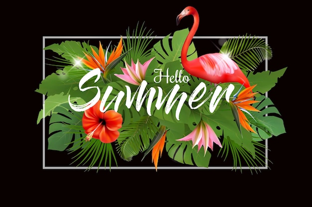 Summer tropical holiday background with exotic palm leaves flamingo and colorful flowers Vector