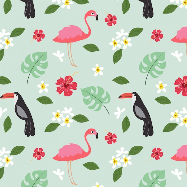 Vector summer tropical plant and bird seamless pattern