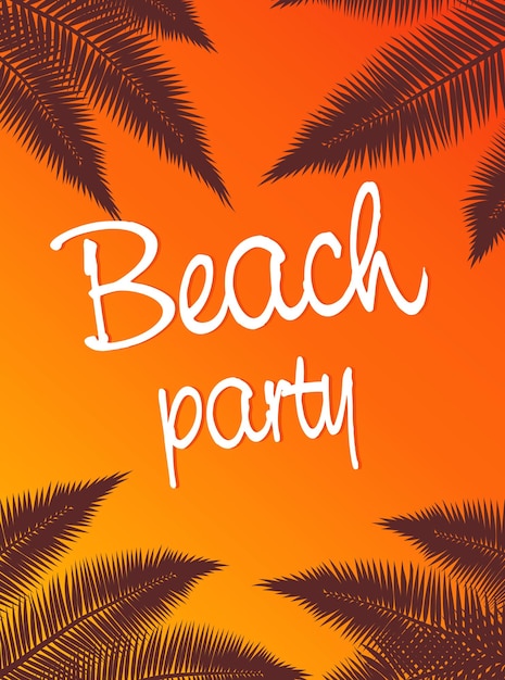 Summer tropical poster with palm leaves on an orange background Invitation on the Beach party