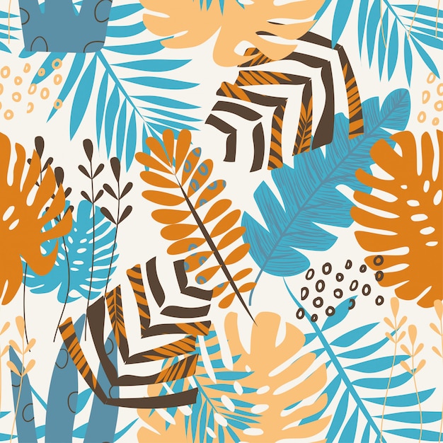 Summer tropical seamless pattern of colorful plants 