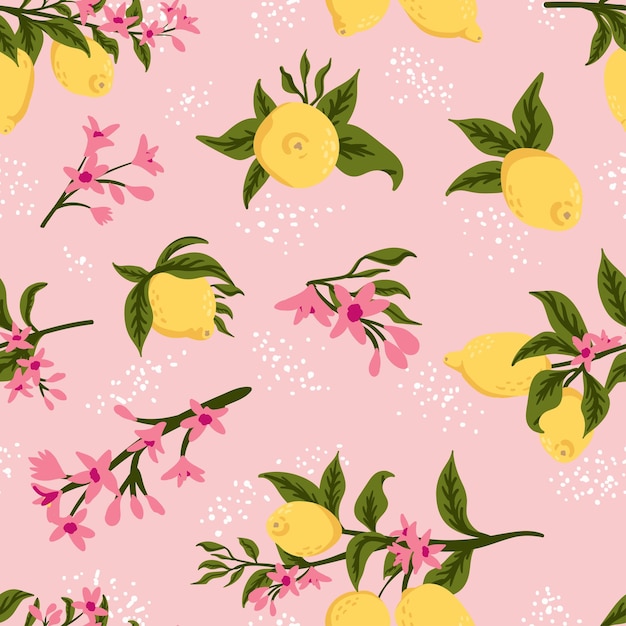 Summer tropical seamless pattern with colorful lemons and flowersVector citrus fruits background