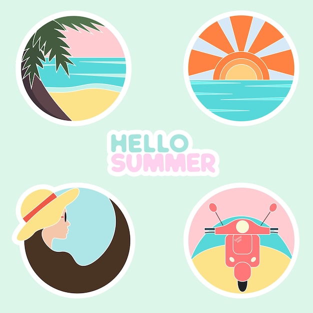 Summer tropical stickers set Round stickers with palm tree sea beach scooter woman in a hat