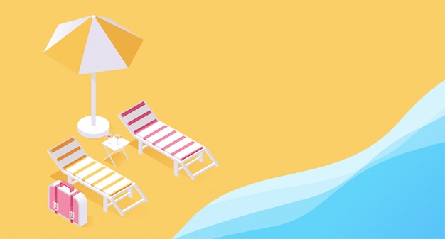 Summer tropical vacation resort 3d concept. Two deck chairs on seashore, ocean sands