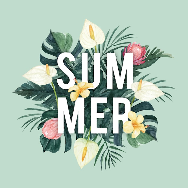 Summer typography with watercolor tropical flowers