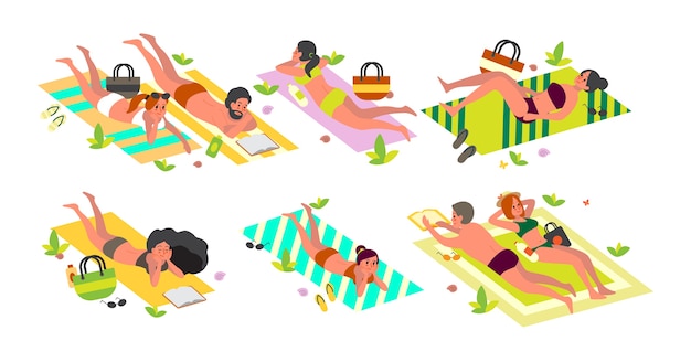 Summer vacation activities concept. People laying on beach towel relaxing and getting a suntan. Woman and man on summer holiday and vacation.  