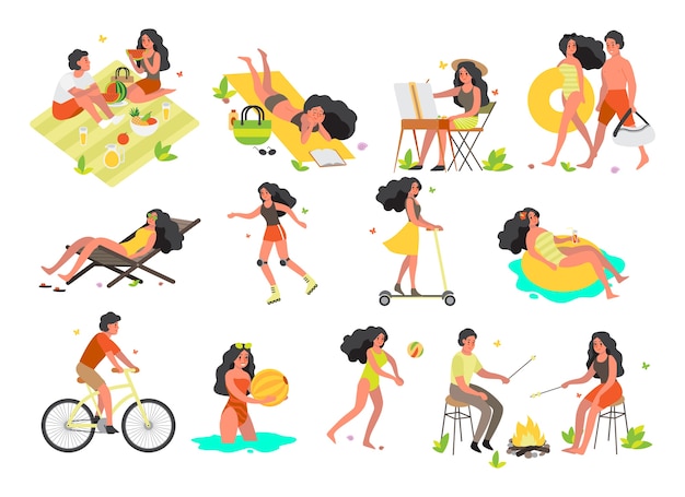 Vector summer vacation activities set. swimming, lying on the beach.