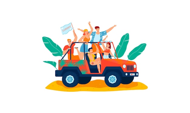 Vector summer vacation beach driving car happy company young people travel entertainment design cartoon