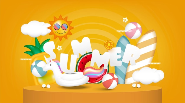 Summer vacation elements with beach toys inflatable on yellow podium background.