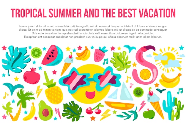 Summer vacation flat banner template. Tropical summer poster with text space. Resort cartoon icons